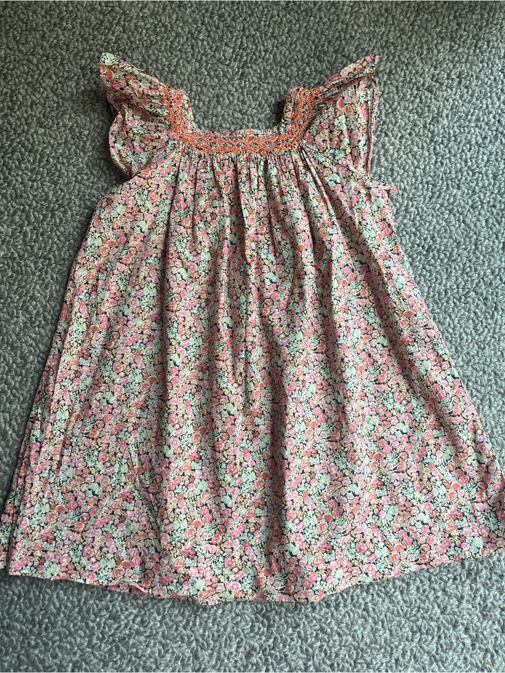 Bonpoint Girls Pink Floral Cotton Dress with Ruffle Sleeves